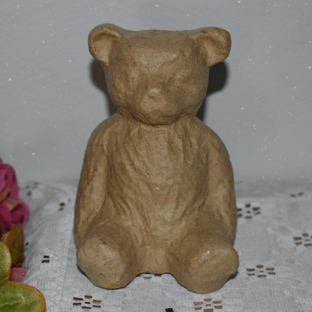 Vintage Small Brown Paper Sitting Bear Figure Country Woodland Home Decor